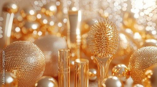 Luxury hair tools such as gold plated curling irons and sleek hairdryers float in surreal space illuminated soft reflections showcasing premium quality and artistic design.