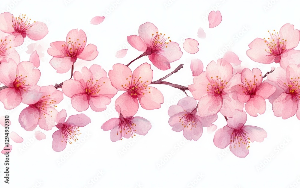 Fototapeta premium Cherry Blossom Branch in Full Bloom Watercolor Illustration with Soft Sunlight and Symmetrical Composition