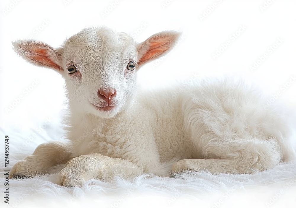 Fototapeta premium Adorable White Goat Kid Resting on Soft Background