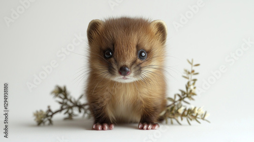 tiny pine marten cub stands upright on its hind legs showcasing its dark brown and golden fur bright eyes brimming curiosity and small rounded ears enhance its cuteness.