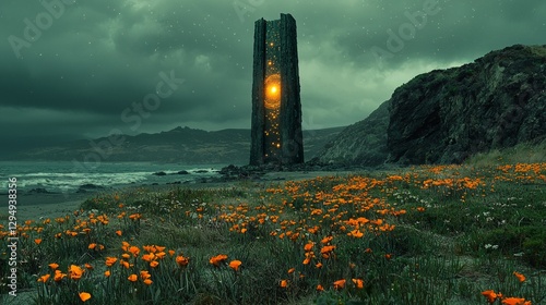 towering stone altar adorned glowing golden runes stands on hidden island. Its massive celestial disk spins slowly revealing constellations against night sky.