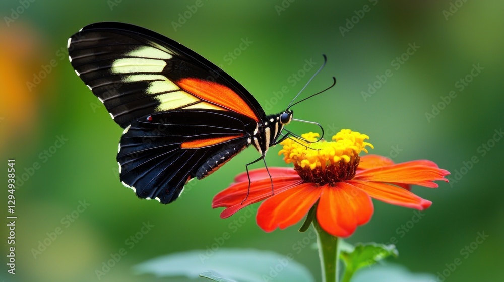 Black, orange, and white butterfly on red flower. Black, orange, and white butterfly on red flower.