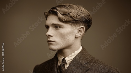 studio portrait showcases young man precise 1920s side part haircut. sepia toned backdrop enhances vintage aesthetic reflecting timeless fashion and style.