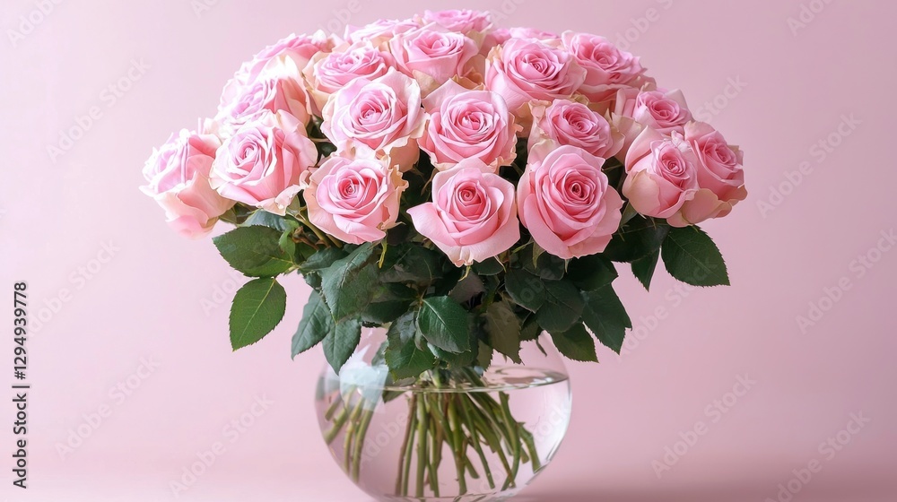A large bouquet of light pink roses in a clear glass vase against a pale pink background. A large bouquet of light pink roses in a clear glass vase against a pale pink background.