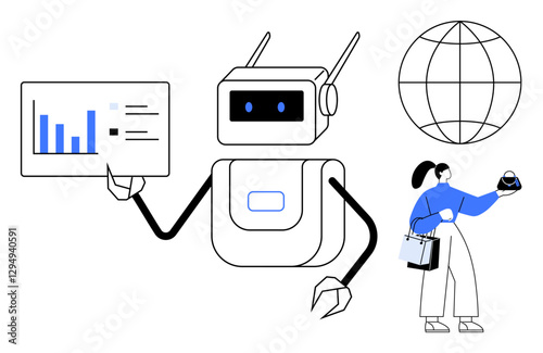 A robot holding a data chart, woman shopping using VR headset, globe representation. Ideal for technolog, AI, data analysis, virtual reality, online shopping, innovation future trend concepts