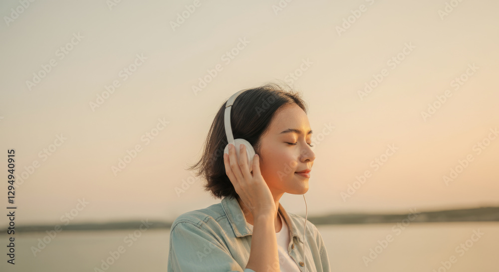 Young asian female enjoying music outdoors at sunset with headphones Young asian female enjoying music outdoors at sunset with headphones
