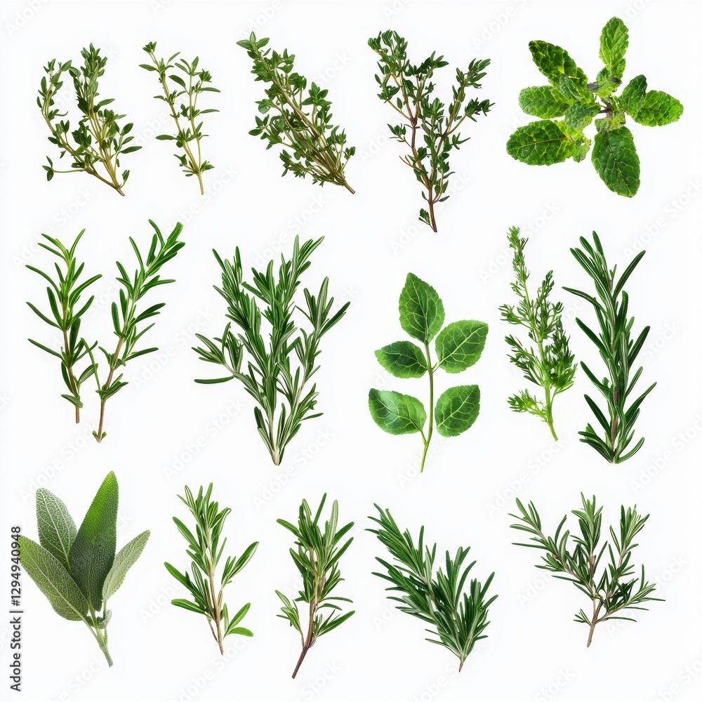 Fototapeta premium Fresh Herbs Collection Including Thyme, Mint, Rosemary, Sage, and Oregano on White Background for Culinary and Health Uses