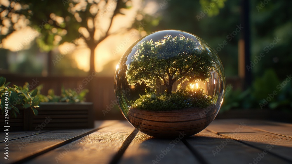 Glass sphere containing a miniature tree with a reflective surface and natural background Glass sphere containing a miniature tree with a reflective surface and natural background