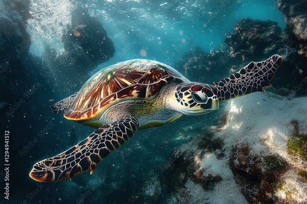 Obraz premium Hawksbill Sea Turtle Swimming Gracefully in Blue Water at Tachai Pinnacle Underwater Conservation Adventure