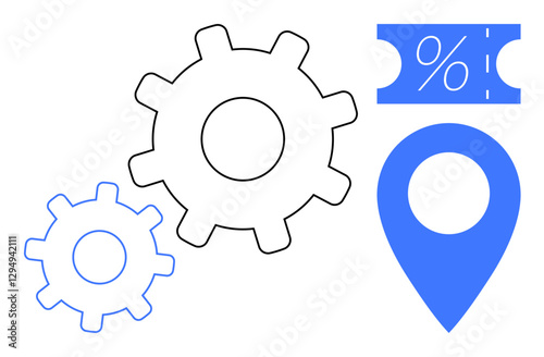 Gears representing mechanisms interacting with a map marker and coupon with a percentage, symbolizing service optimization, location, and discounts. Ideal for business process, engineering