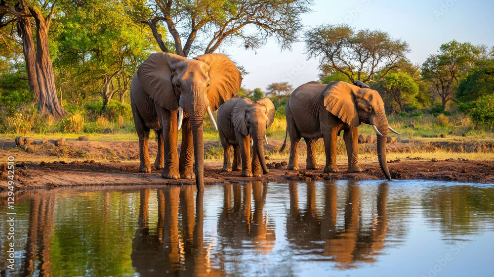 Fototapeta premium herd of elephants at watering hole, showcasing their majestic presence in nature