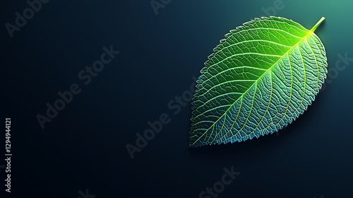 Close-up of a vibrant green leaf against a dark gradient background, showcasing intricate details photo