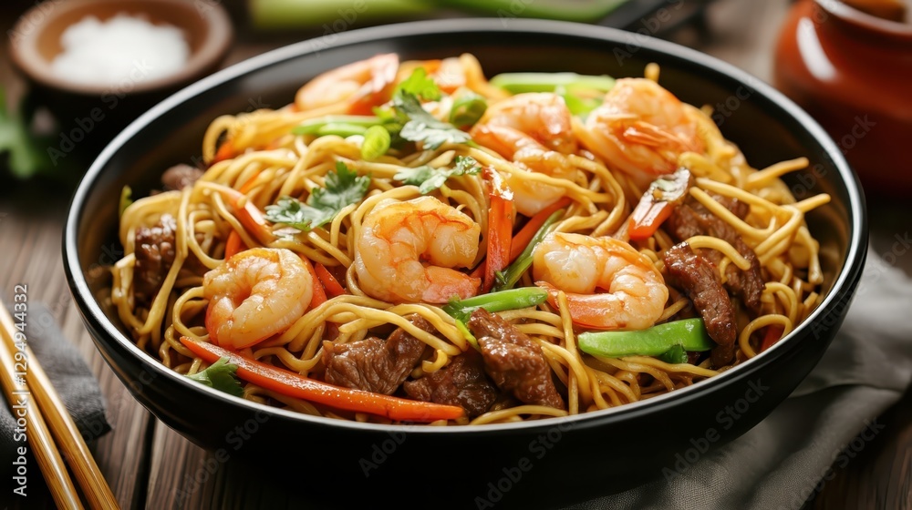 Delicious shrimp and beef stir-fried noodles served in a bowl with vibrant vegetables and fresh herbs at a cozy Asian-themed dining table during dinner time Delicious shrimp and beef stir-fried noodles served in a bowl with vibrant vegetables and fresh herbs at a cozy Asian-themed dining table during dinner time