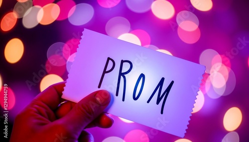 Hand holding a prom ticket against blurred colorful lights