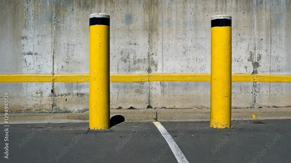 Parking lot barrier poles create a safety measure in a concrete environment near a street in bright daylight