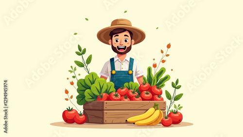 Vector illustration of a happy farmer standing behind fresh fruits and vegetables. Concept of healthy eating, agriculture, and sustainable food production.