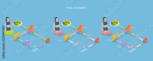 3D Isometric Flat Vector Illustration of Types Of Diabetes, Medical Scheme