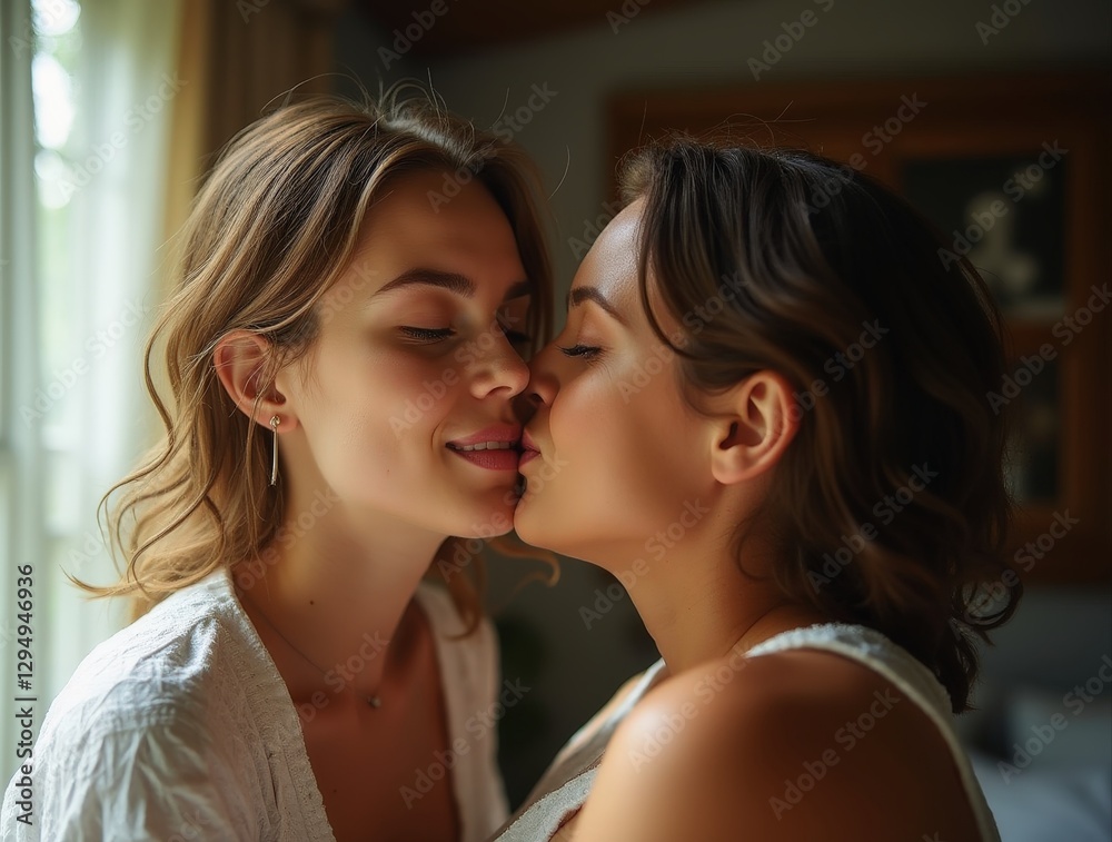 Fototapeta premium Two young women sharing a tender kiss at home