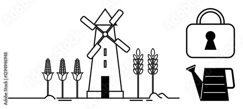 Windmill beside rows of corn and wheat, accompanied by a watering can and a padlock. Ideal for agricultural security, farming methods, food production safety, agricultural technology, secure farming