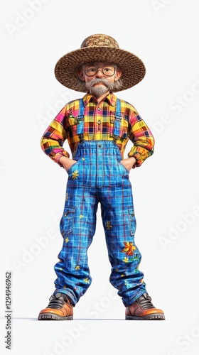 A whimsical character in colorful attire, wearing a straw hat and overalls, stands confidently with hands on hips.