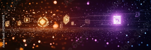 Futuristic Digital Cryptocurrency Landscape with Glowing Symbols and Neon Lights