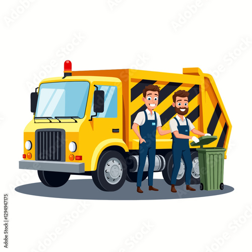 Vector illustration of garbage collectors working with a sanitation truck. Concept of environmental responsibility, public service, and city waste management.