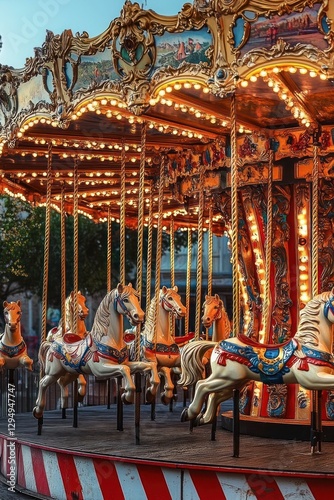 Vintage Carousel with Golden Horses and Christmas Decorations Illuminated in Evening Light