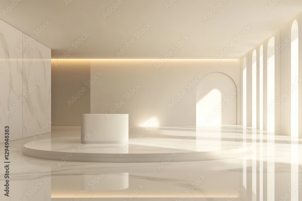 A minimalist modern showroom 3D background featuring a sleek white podium in a spacious, open-concept gallery. The polished marble floor reflects ambient lighting, while stylish geometric decor and A minimalist modern showroom 3D background featuring a sleek white podium in a spacious, open-concept gallery. The polished marble floor reflects ambient lighting, while stylish geometric decor and