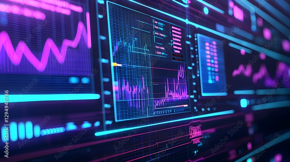 Abstract Stock Market Data Visualization with Glowing Neon Charts and Financial Analysis