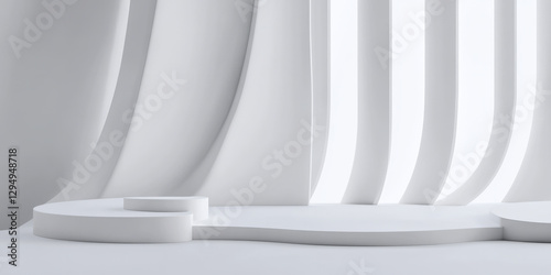 A modern 3D background featuring a sleek  white podium placed within an abstract architectural space. Large  curved shapes and soft  diffused lighting create a futuristic  minimalistic aesthetic. The