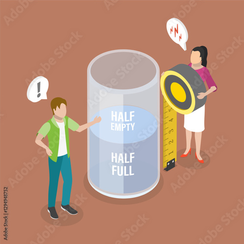 3D Isometric Flat Vector Illustration of Optimist And Pessimist, Half Full and Half Empty Glass