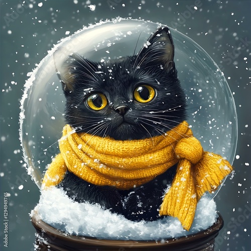 Black Cat in Snow Globe with Yellow Scarf Winter Scene Festive Whimsical Illustration Artwork photo