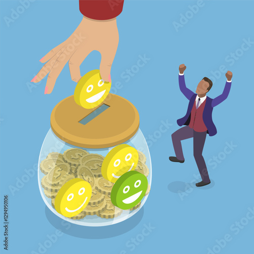 3D Isometric Flat Vector Illustration of Collect Positive Emotions, Glass Jar Filled With Funny Emoticons