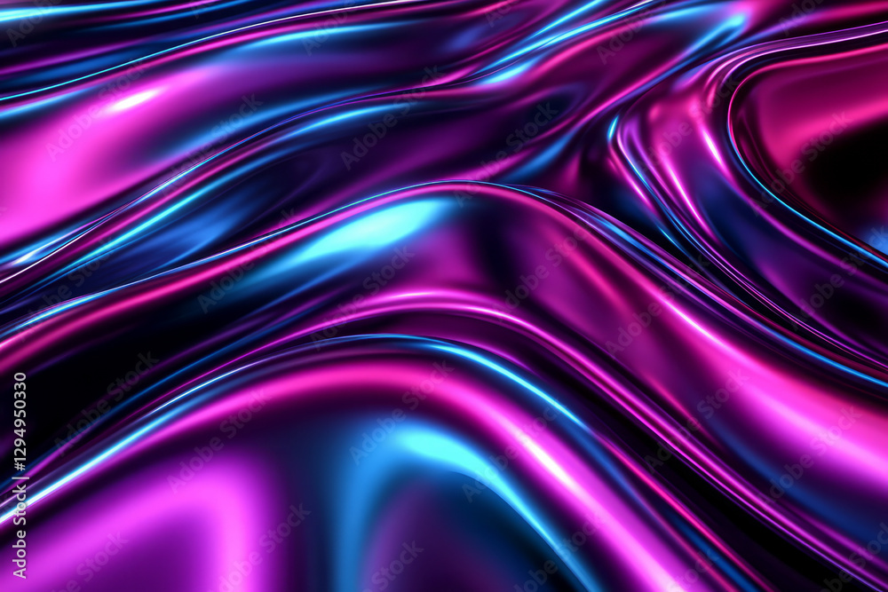 A mesmerizing 3D abstract background featuring fluid metallic waves that reflect neon blue and magenta lights. The smooth curves create an illusion of continuous motion, forming a futuristic high-tech