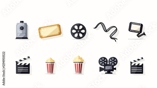 A collection of movie-related vector icons, including film reels, popcorn, clapperboards, and tickets. Ideal for multimedia, film production, and entertainment designs.
