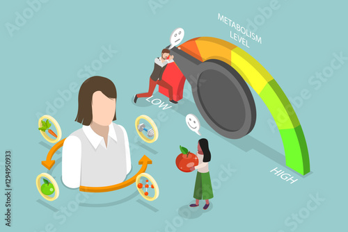 3D Isometric Flat Vector Illustration of Human Organism Metabolism Level, Food Consumption Speed