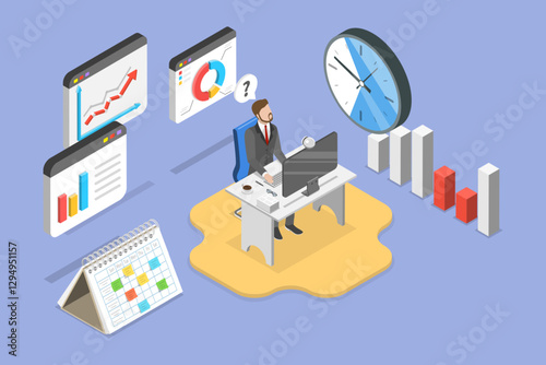 3D Isometric Flat Vector Illustration of Employee Attendance Tracking, Job Ontime photo