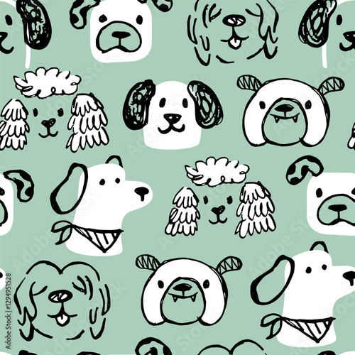 Doodle dog seamless pattern. Green childish background.	

