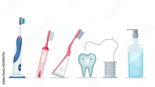 A collection of dental hygiene products including toothbrushes, toothpaste, dental floss, and mouthwash in a minimalist vector style.
