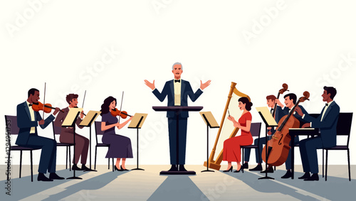 A refined orchestra conductor leading a group of violinists in a classical music performance. A sophisticated vector illustration.