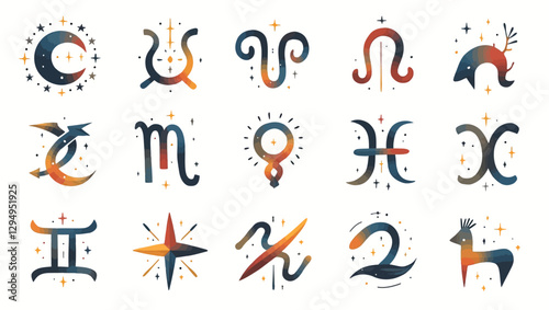 Zodiac symbols designed with geometric and artistic details. An ideal vector illustration for astrology, star maps and mystical art.