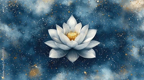 Serene white lotus flower blooming in a cosmic blue and gold background, symbolizing tranquility