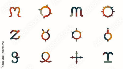 12 zodiac symbols designed in a modern and minimalist style. A stylish vector illustration featuring astrology and zodiac signs.