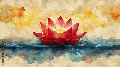 Vibrant watercolor painting of a red lotus flower floating on a serene water surface at sunset