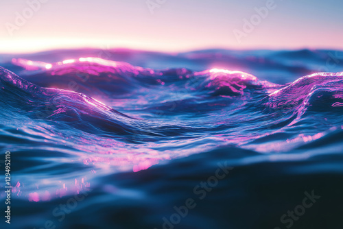 A mesmerizing 3D abstract background showcasing an ocean of glowing, translucent waves, gently rippling with neon highlights. The surreal digital energy and deep reflections evoke a futuristic