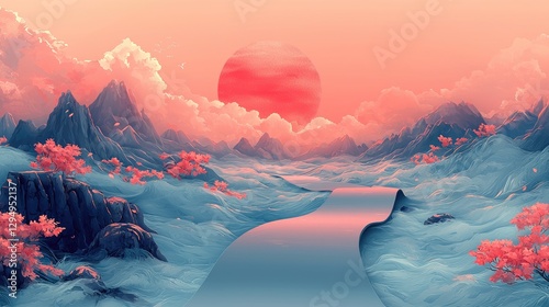 Serene landscape with a winding river under a vibrant sunset and pink-hued mountains