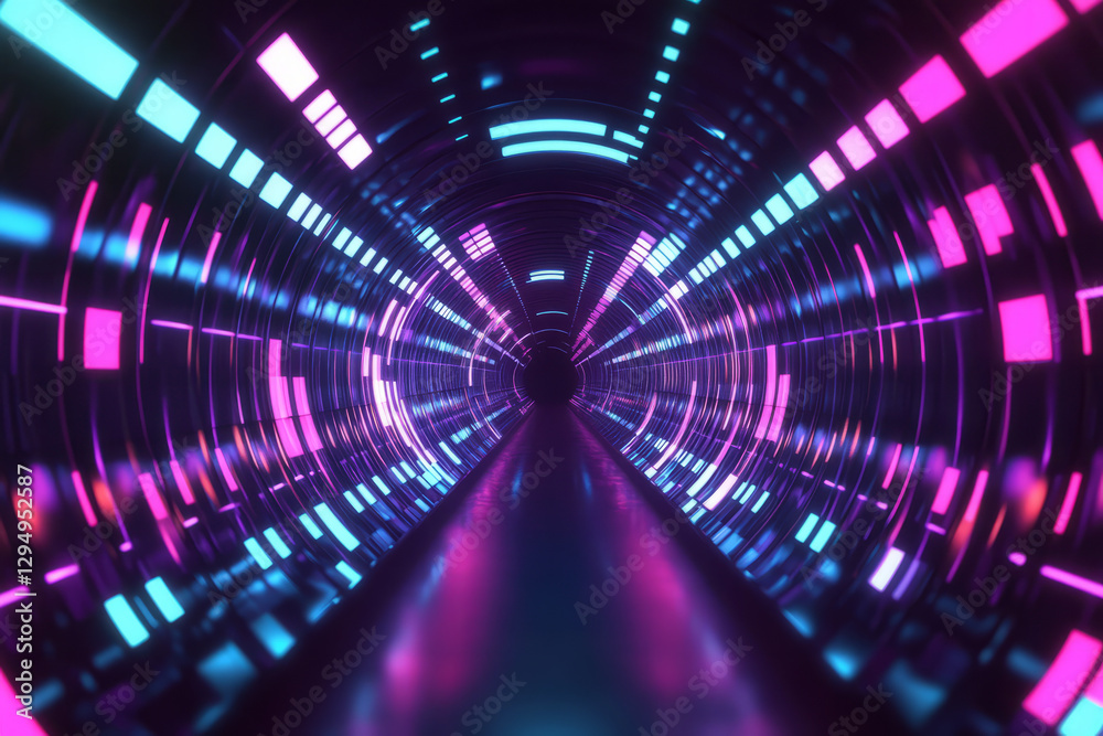 A mesmerizing 3D background featuring an abstract tunnel of glowing LED equalizer bars. The perspective pulls the viewer into an immersive vortex of pulsating rhythm, floating digital sound waves, and A mesmerizing 3D background featuring an abstract tunnel of glowing LED equalizer bars. The perspective pulls the viewer into an immersive vortex of pulsating rhythm, floating digital sound waves, and