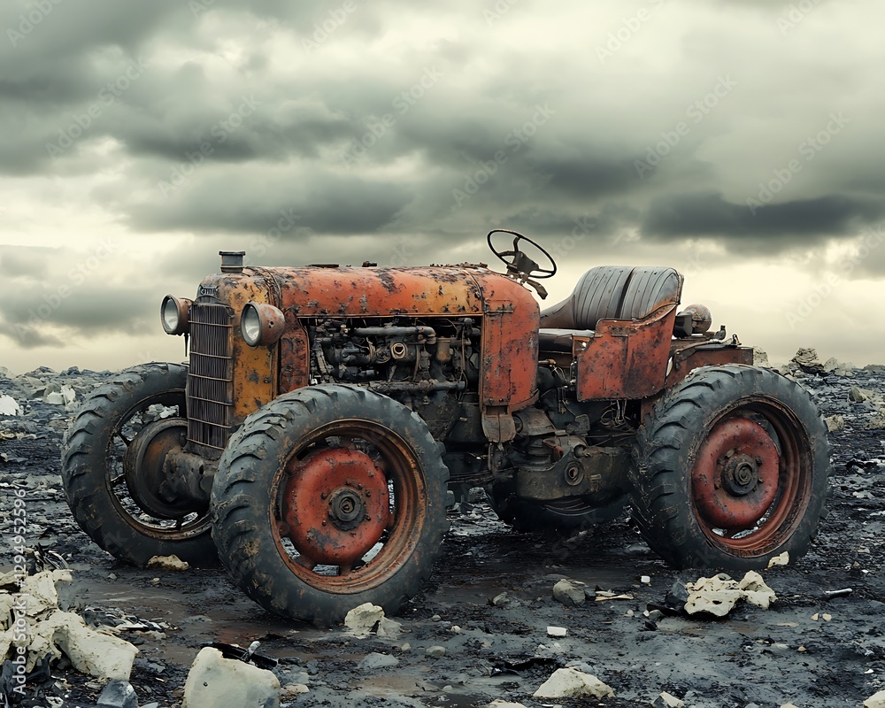 Rusty tractor, field, stormy sky, abandonment Rusty tractor, field, stormy sky, abandonment