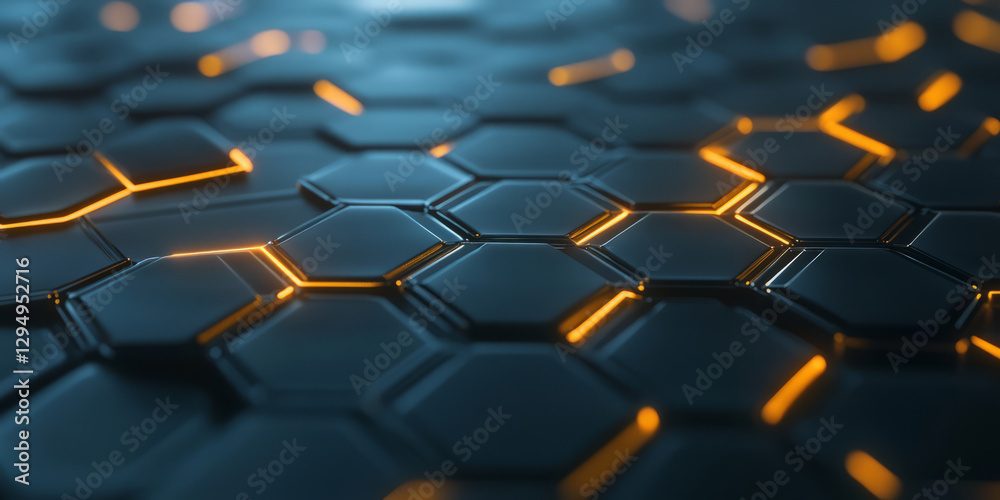 Obraz premium A sleek 3D abstract background featuring interconnected metallic hexagons emitting a soft cybernetic glow. The smooth reflections and glowing edges create an immersive futuristic digital experience.