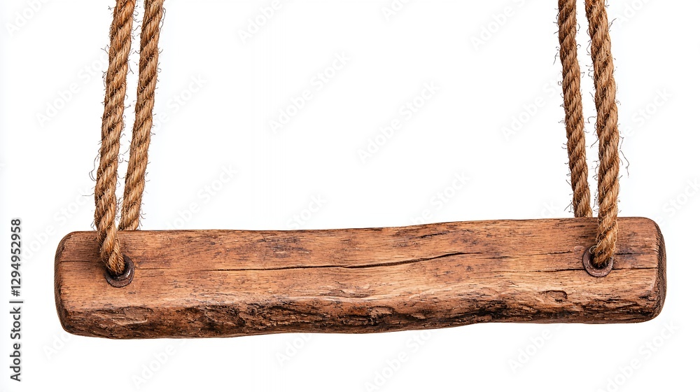 Rustic Weathered Wooden Hanging Sign with Rope, Isolated on White Background, Blank Space for Text or Message Rustic Weathered Wooden Hanging Sign with Rope, Isolated on White Background, Blank Space for Text or Message